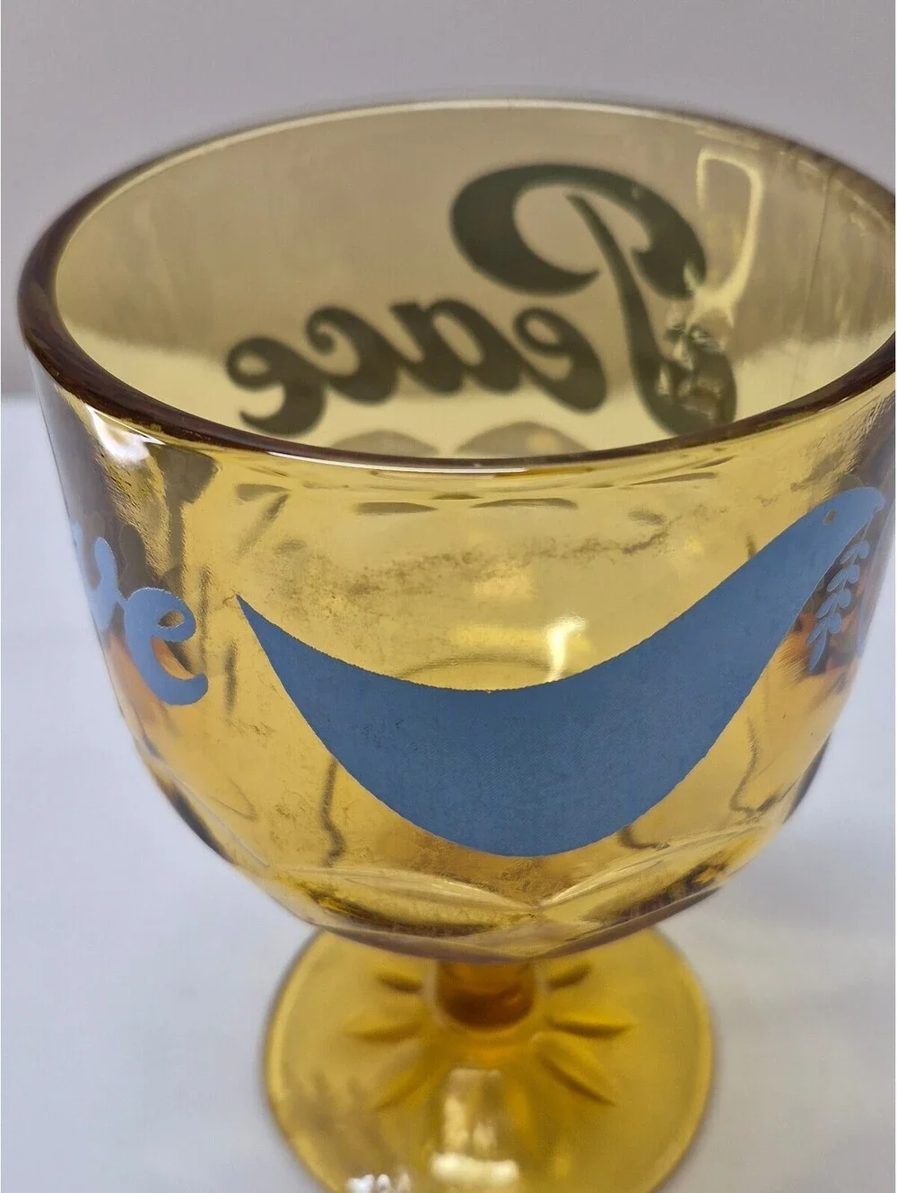 Vintage Amber Glass Goblet with Blue Peace and Love Design J24